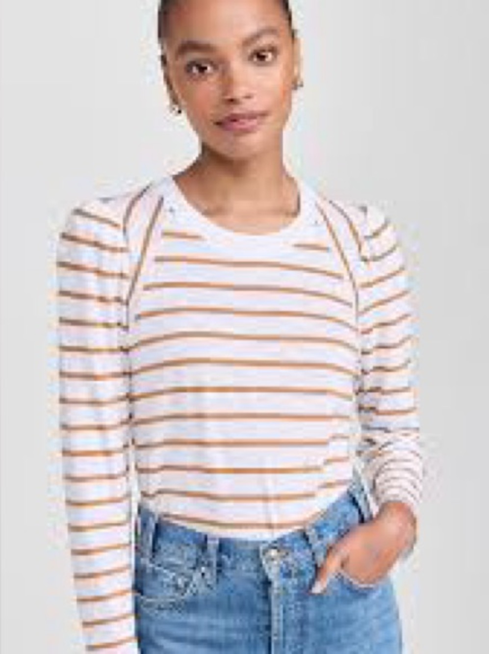 Veronica Beard White and Tan Striped Long Sleeve Tee